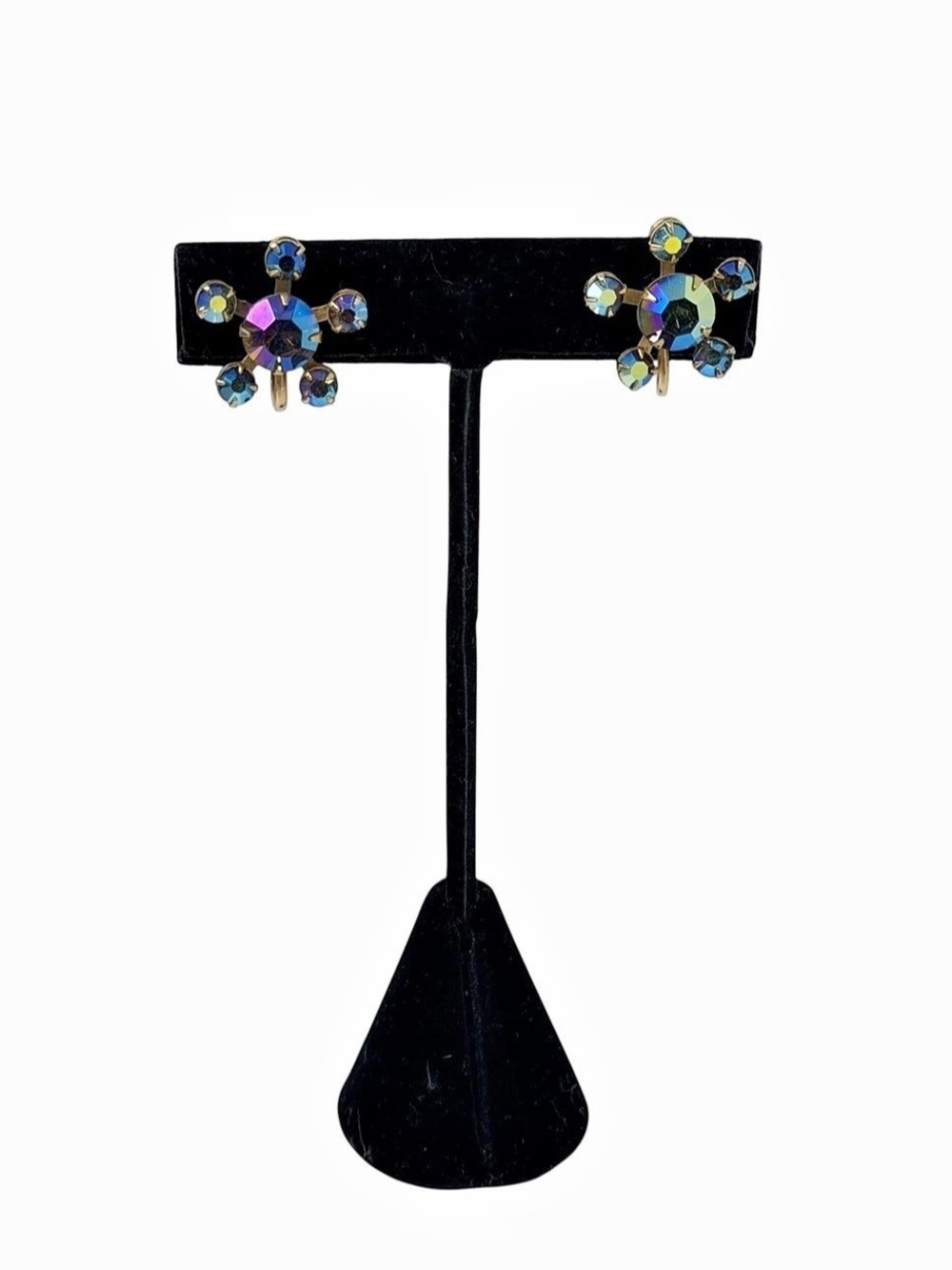 Vintage Weiss Blue Aurora Borealis Rhinestone Non Pierced Earrings